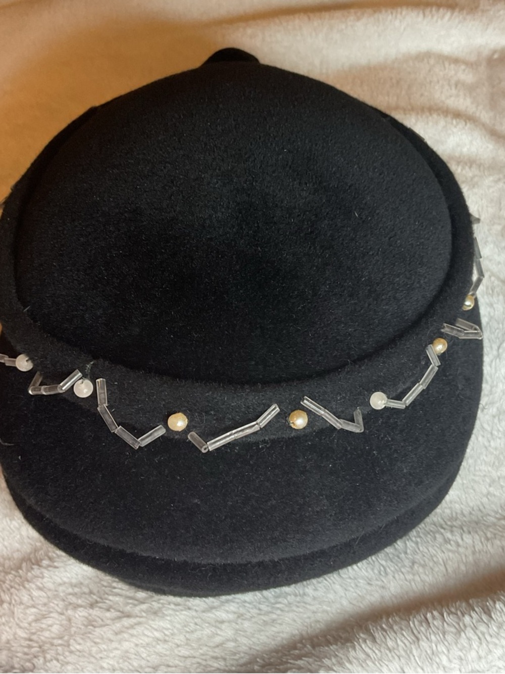 Vintage 50s 60s Genuine Velour Fur Felt Pillbox Hat Beaded Glass Pearl Brown